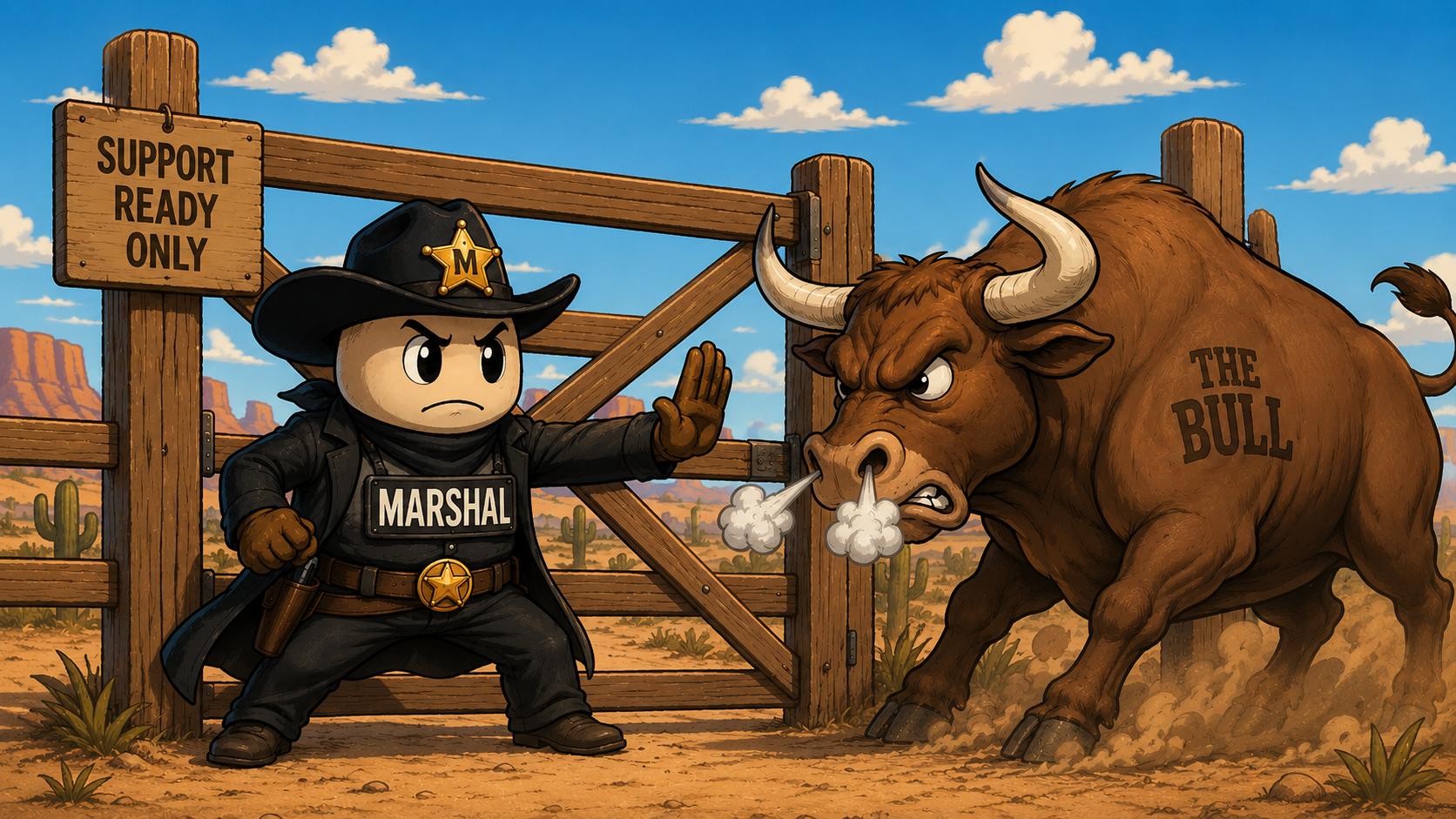 Marshal the gatekeeper holding back a charging bull at a gate marked Support Ready Only